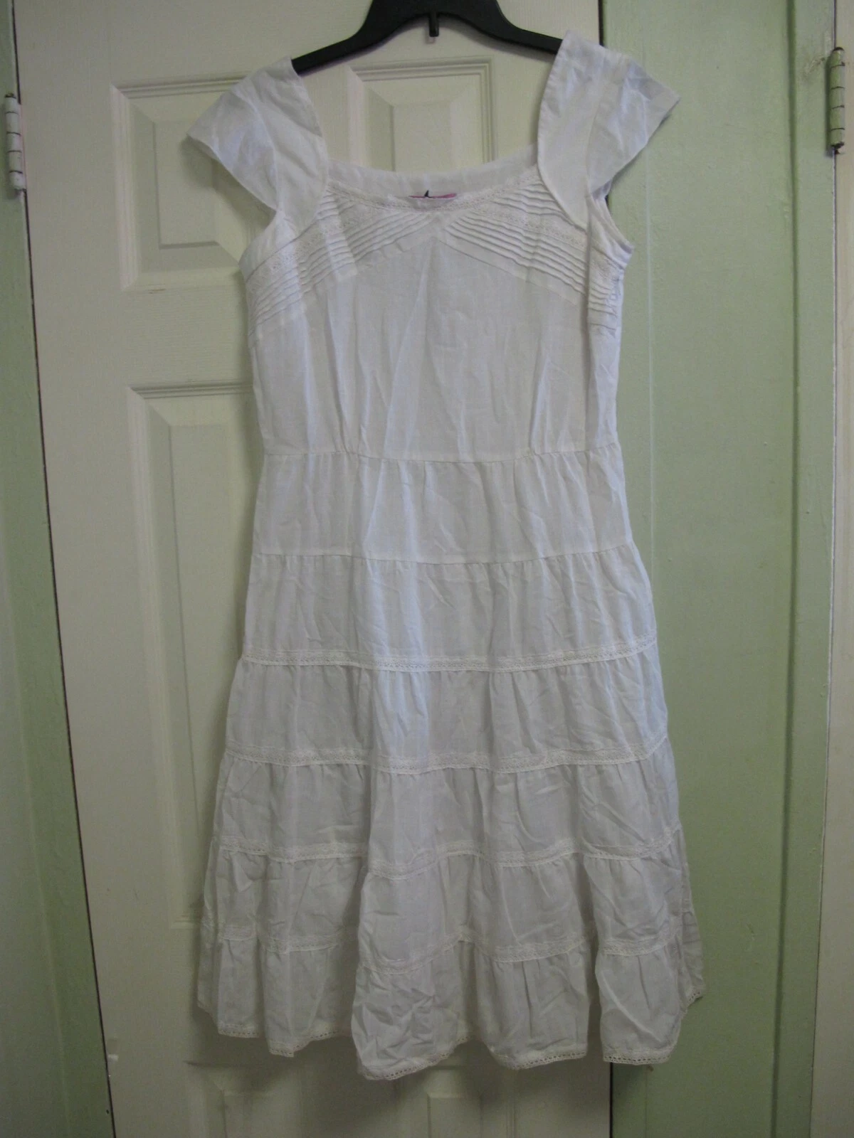 OFF WHITE Abito donna bianco sporco cotone manica ad aletta gonna 4 strati bordo pizzo taglia XS