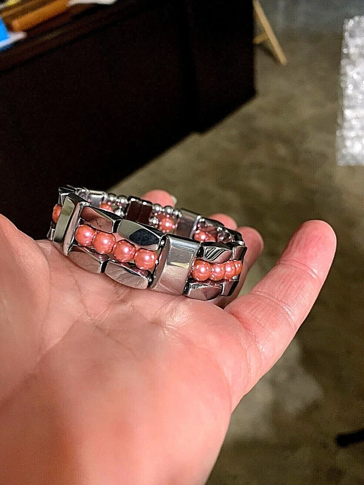 Hombre Mujer’s Plata y Rosa Magnético Hematita Terapia Pulsera Tobillera Collar Foto 3 de 3