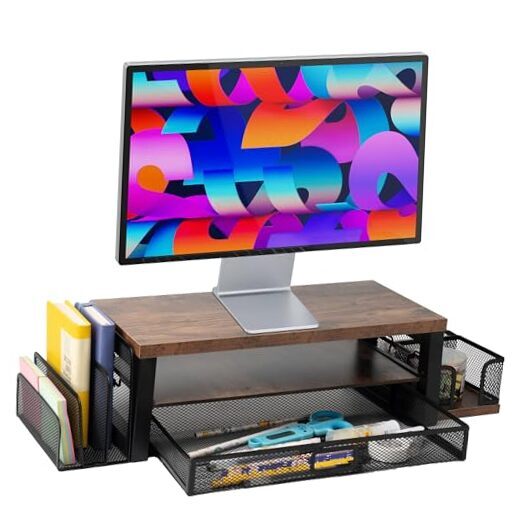 2-Tier Monitor Stand Riser & Computer Desk Organizer with Drawer & Mail