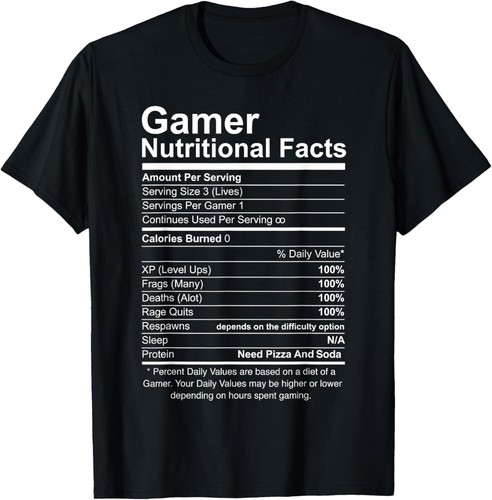 Gamer Nutritional Facts Cool Gamer Video Game Funny T-Shirt - Picture 2 of 3