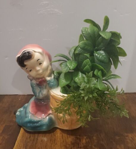 Vintage Royal Copley Farm Girl On Barrel  Ceramic Planter 6x6 With Faux Greenery - Picture 1 of 24
