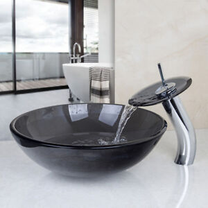 Details About Us Bathroom Artistic Glass Vessel Sink Waterfall Faucet With Pop Up Drain Combo