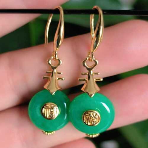 Boucles d'oreilles en jadéite verte naturelle faites main crochet or 18 carats perles modernes personnalisées - Photo 1/10