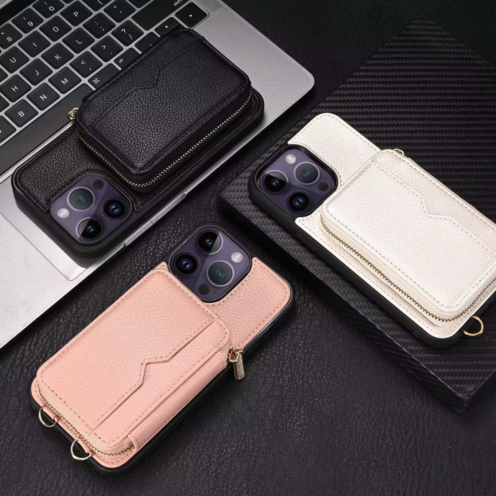 iPhone 14 Pro Max 13 Pro Leather Wallet Case with Card Slots & Crossbody Strap