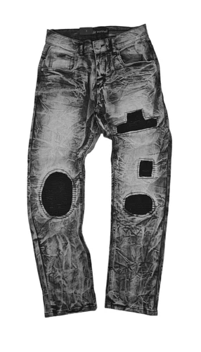 Peviani Men's Urban Black Rock Star Distressed Patchwork Premium Denim Jeans