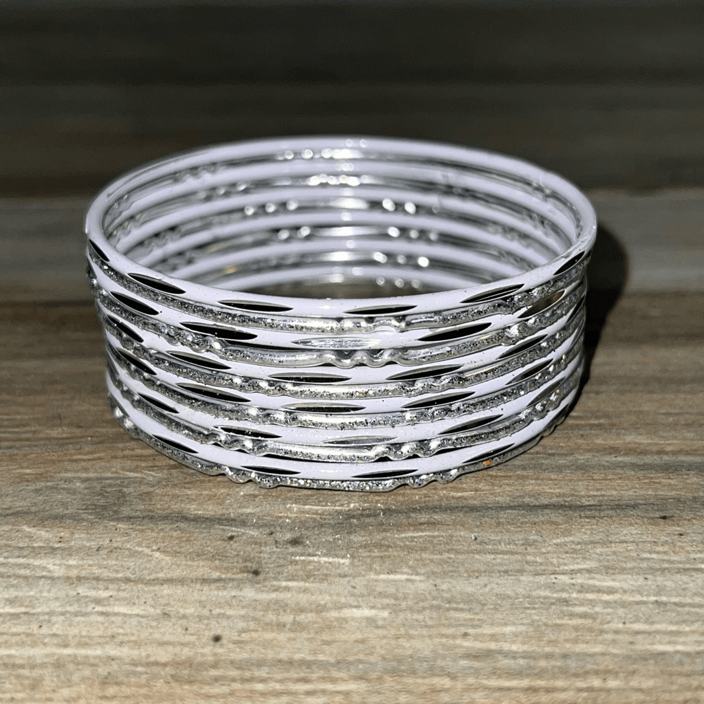 Bangle Stack Set Of 12 Etched Bracelet Silver Tone Glitter Sparkle Classic-image