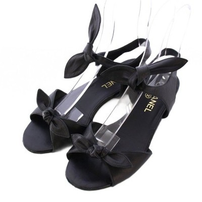 CHANEL Strap Sandals Ankle Round Toe Low Heel Leather Ribbon One Color Coco