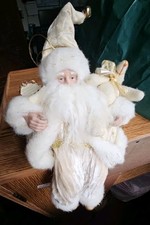 Vintage Christmas Santa Claus Plush Shelf Sitter 12" White Gold Holiday Decor