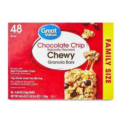 Great Value Chocolate Chip Chewy Granola Bars, 0.84 oz Paper Box, 48 CT