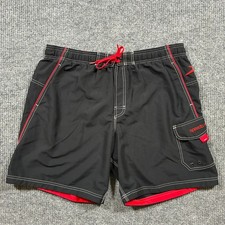 Speedo Mens Cargo Board Shorts L Black Red Elastic Waist Mesh Lined Drawstring