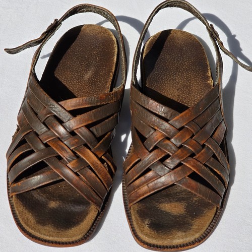 VTG Del Ibergoma Spain Woven Leather Sandals Mens 11 Porocel Soles 1970s 1980s