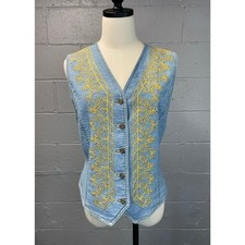 Vintage 1990s Lightwash Denim Embroidered Vest Hippie Boho Gorpcore Cottage LG
