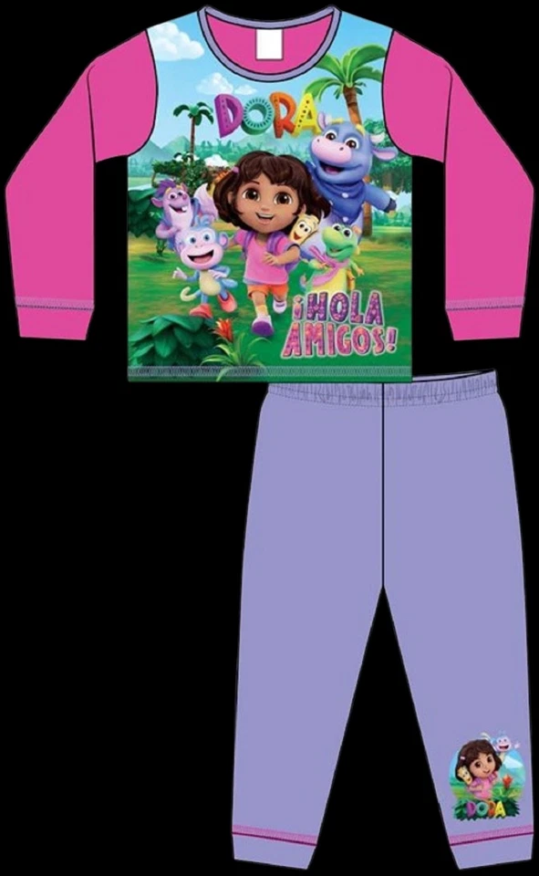 DORA THE EXPLORER Girls Pyjamas/Long-Sleeved Pink & Lilac PJs Sizes 1.5-5 Years - Image 3 of 4