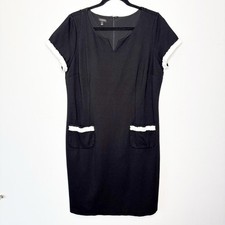 Talbots Black Sheath Dress Size 14 Fringe Trim Pockets Work Office Chic