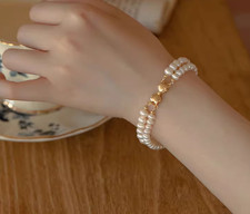 AAA 5-6mm natural south sea white pearl bracelet 7.5-8" 14k yellow gold clasp