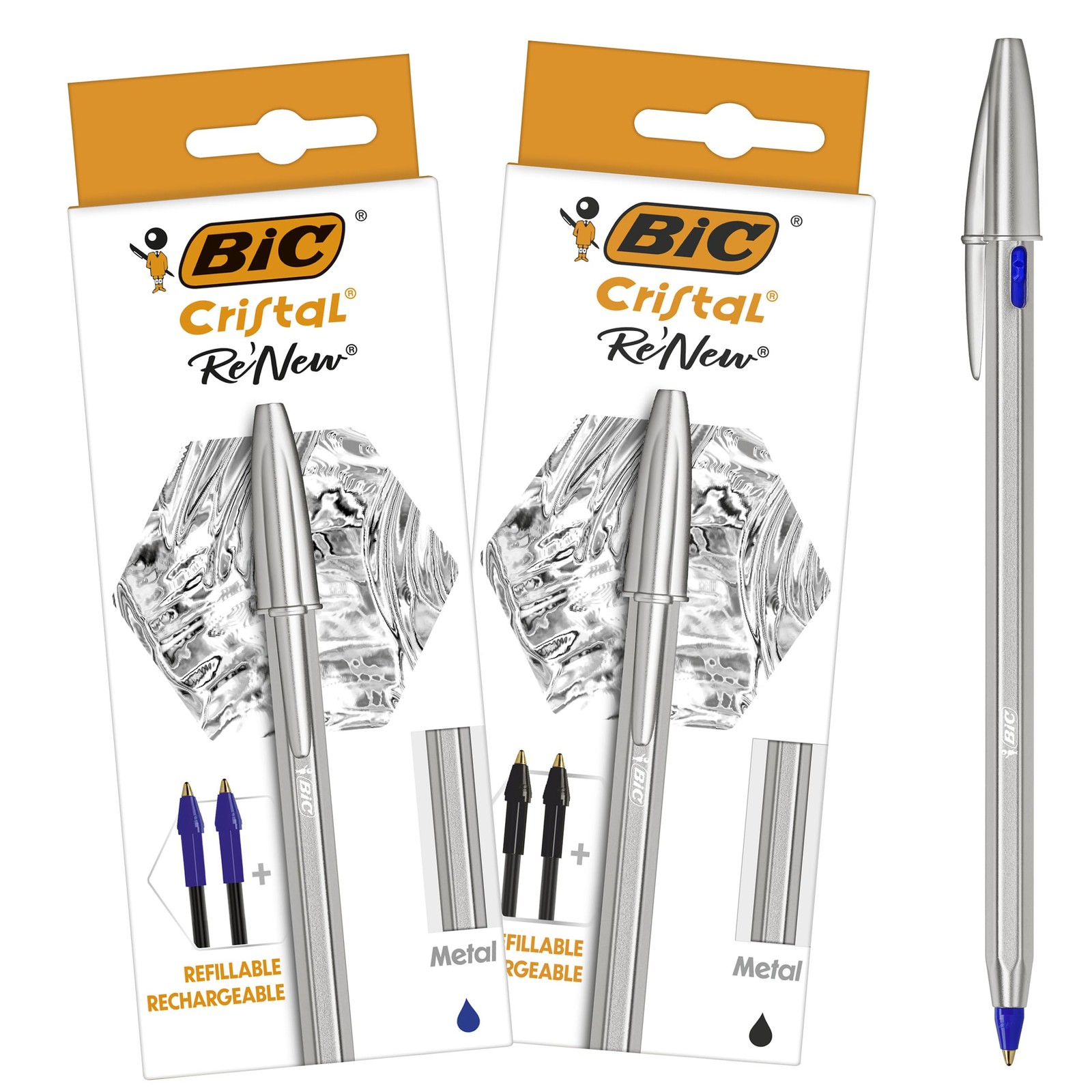 Stylo-bille premium Cristal Re'New rechargeable en métal noir mat pour bureau et écriture fluide