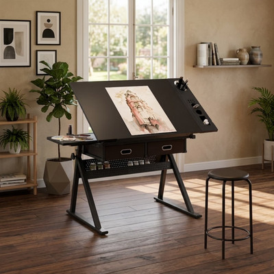 Adjustable Drawing Drafting Table Desk with Stool, Height & Angle Adjustable Art