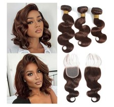 Medium Brown Body Wave Human Hair Weft Extensions with Lace Closure Healthy Ends
