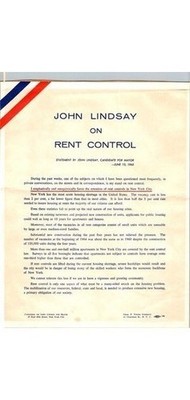 1965 John Lindsay NYC Mayor Campaign Pamphlet - Rent Control Platform & Housing