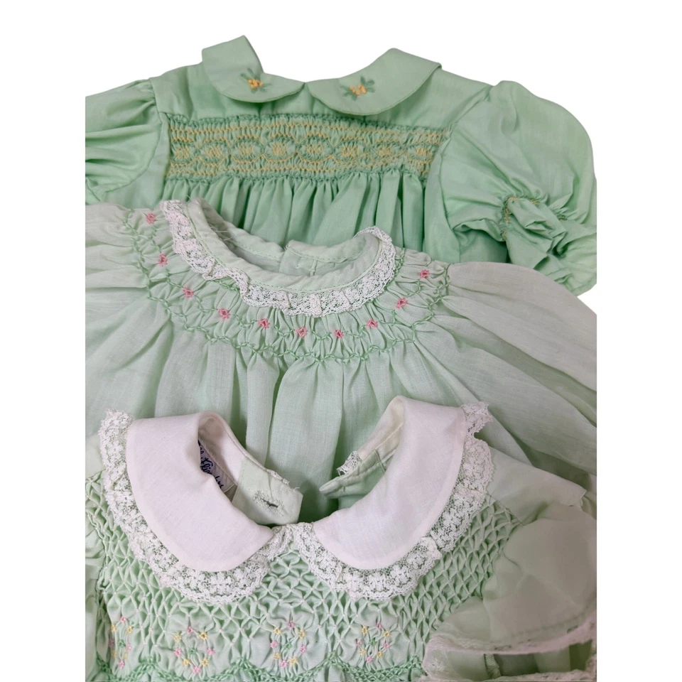 Lote de 10 vestidos de bebé ajustados Polly Flinders años 50 de colección 12-18 M pasteles guinga Foto 4 de 4