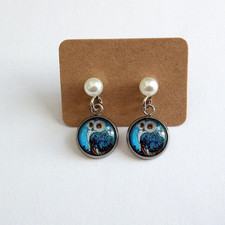 Handmade 12mm BLUE OWL Glass Cabochon Pearl Stud Earrings - Free Postage!