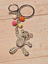 Teddy Bear w/Balloons Bag Charm Keychain Clear Black Rhinestones Silver Tone
