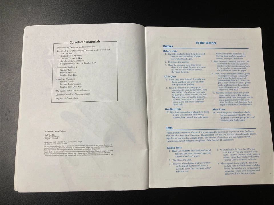 Abeka Workbook V for handbook of grammar Teacher Quiz Test Key - Image 2 of 4