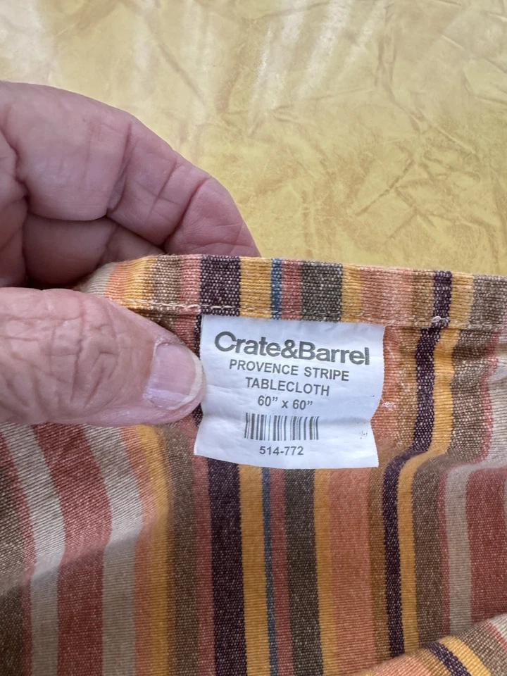 Crate & Barrel Tablecloth Kendall Stripe 60x60 Aqua Green Taupe 100% Cotton - Image 4 of 4
