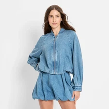 Women's Denim Bubble Bomber Jacket - Future Collective Blue Denim M