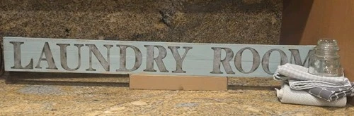 Vintage Laundry Room Wood Sign  Decor is Teal/Blue Tin Letters 37"Long By 4"Tall