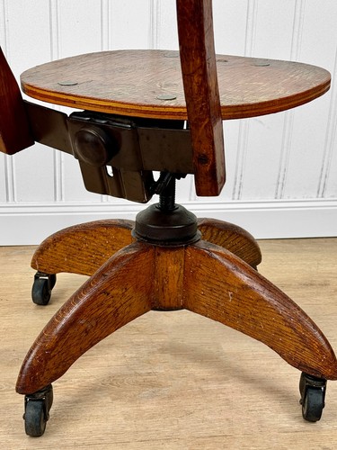 Antique Traditional Oak & Scalloped Leather Swivel Library Desk Chair - Picture 10 of 12