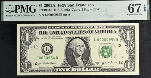 2003A $1 Federal Reserve Note PMG 67EPQ 2nd highest graded low serial number 954 - Picture 3 of 4
