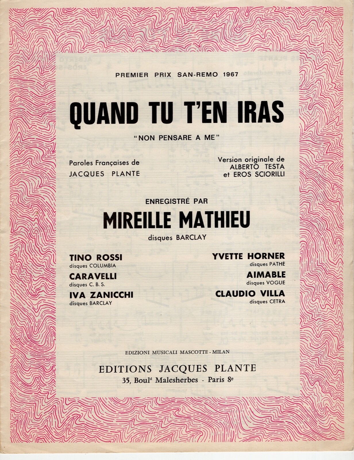 MIREILLE MATHIEU PARTITION 1 PRIX SAN-REMO QUAND TU T'EN IRAS 1967 ROSSI AIMABLE
