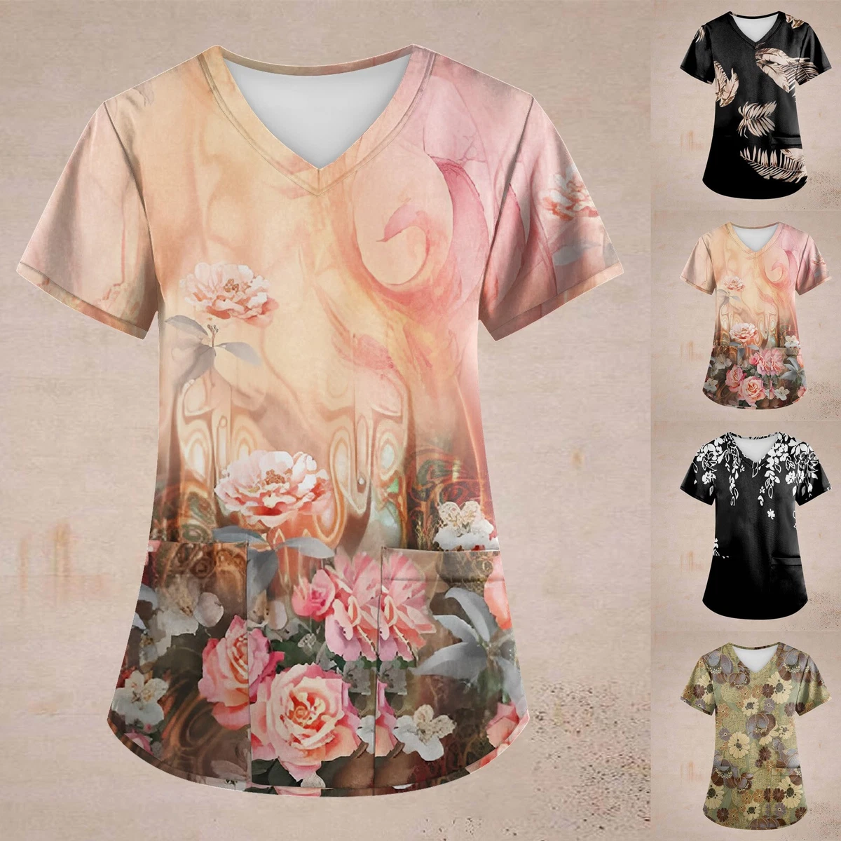 Plus Size Retro Scrub Working Uniform Tops Women V Neck Short