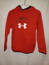 Under Armour Loose Hoodie Boys Youth Large Red Pullover Logo Sweatshirt QW 