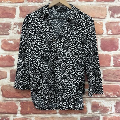 Fred David Top Shirt Womens Medium Black White Abstract Casual Popover