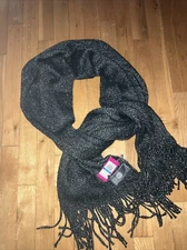 Vince Camino Knit,Black Scarf/Shaw W, Silver threads, Fringes. NWT. MSRP $42