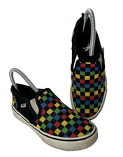 Vans Child Youth Size 2 Slip On Checkered Black Rainbow Canvas Shoes