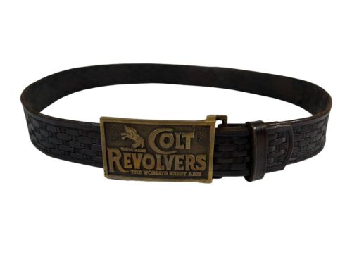 Colt Revolvers Belt Buckle With Hand Tooled Leather Belt Size 44-45