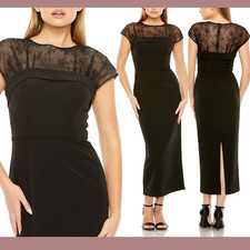 NEW $398 Mac Duggal [ 4 ] 49799 Sheer Lace Top Crepe Midi Dress Black #J254