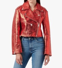 Just Cavalli Women's Cracked Patent Red Leather Biker Jacket - Cropped