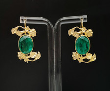 Boucles D'oreilles Femme Quartz Vert Émeraude Argent 925 Plaqué Or Style Ancien