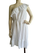 VALENTINA NALDI Italy White Linen Dress One Shoulder Ruffled Knee Length Size L