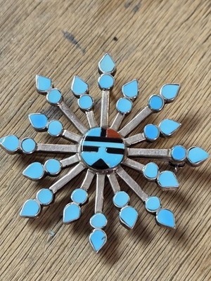 Zuni Vera Halusewa Sterling Silver Turquoise Jet Sun Face Star