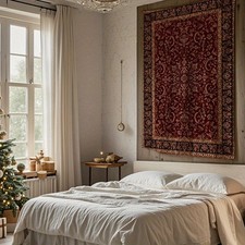 Deep Red Persian Floral Vine Tapestry Wall Art with Golden Border - Vertical Hom