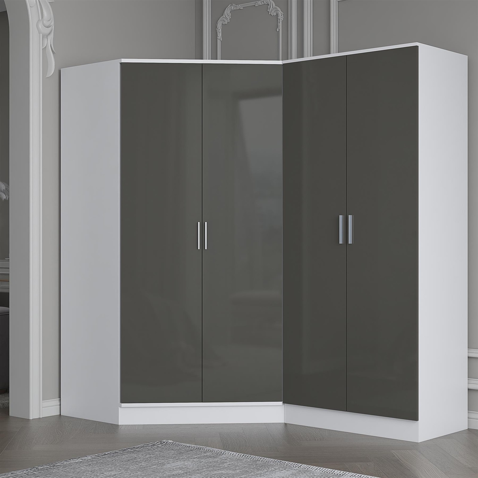 Reflect Black Gloss Wardrobe Bundle - Corner + 2 Door Plain - Grey / White - Grey Gloss / Matt White - Image 5