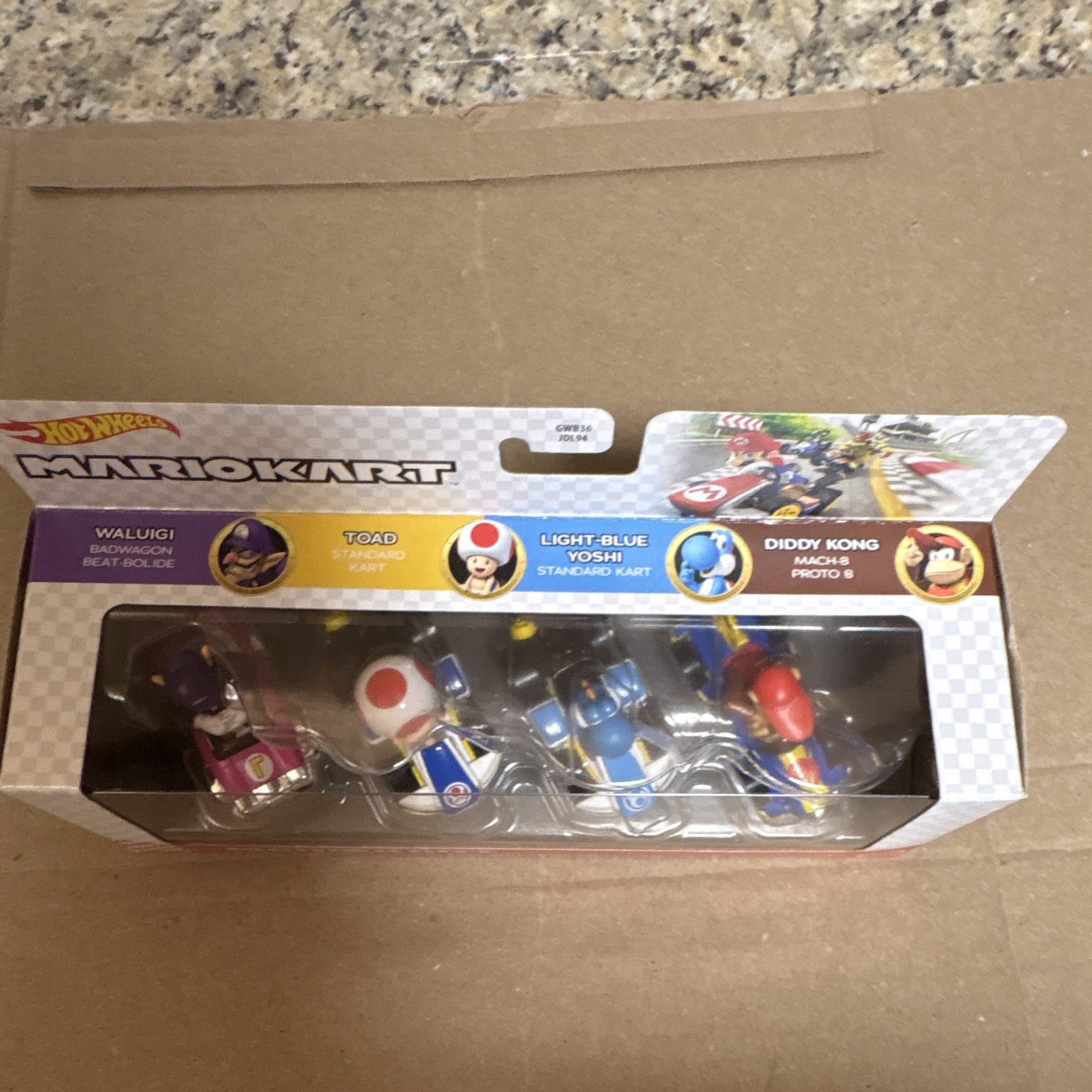 Hot Wheels Mario Kart 4 Pack Waluigi Toad Light Blue Yoshi Diddy Kong ...