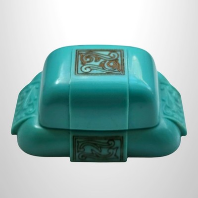 Vintage Dennison Art Deco Celluloid Velvet Lined Presentation Ring Box Blue Teal