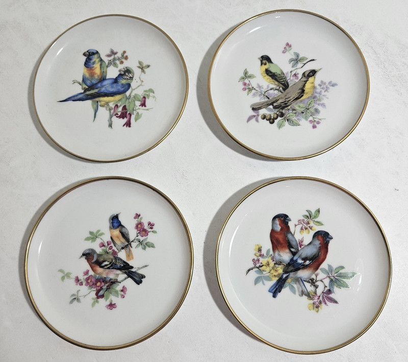 Vtg AK Kaiser Birds Florals Porcelain Gold Rim Coasters Set of 4