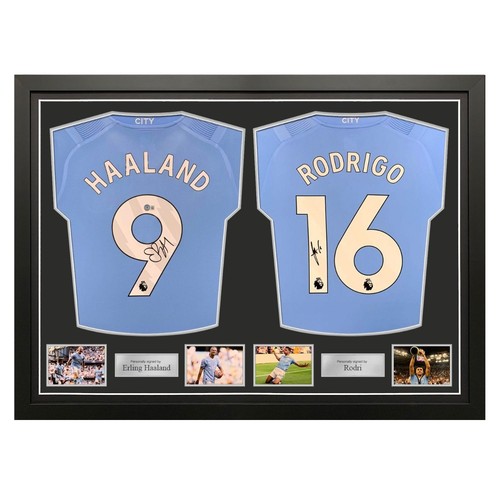 Erling Haaland & Rodri Signed Manchester City 2023-24 Shirts. Dual Frame